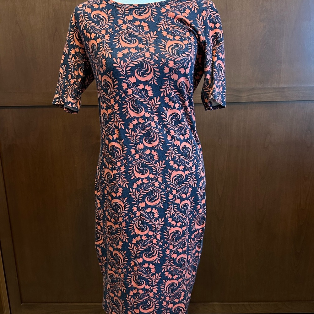 LulaRoe Julia Floral Navy and Coral Dress Small
